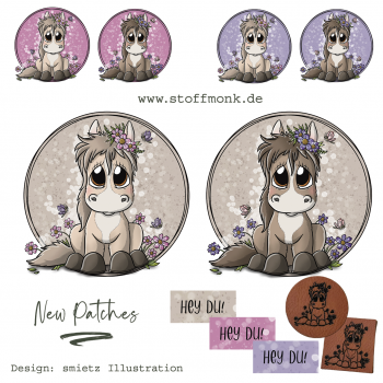 Patch / Aufnäher  - Smietz Pferd Dunkelbraun - Lila Hintergrund